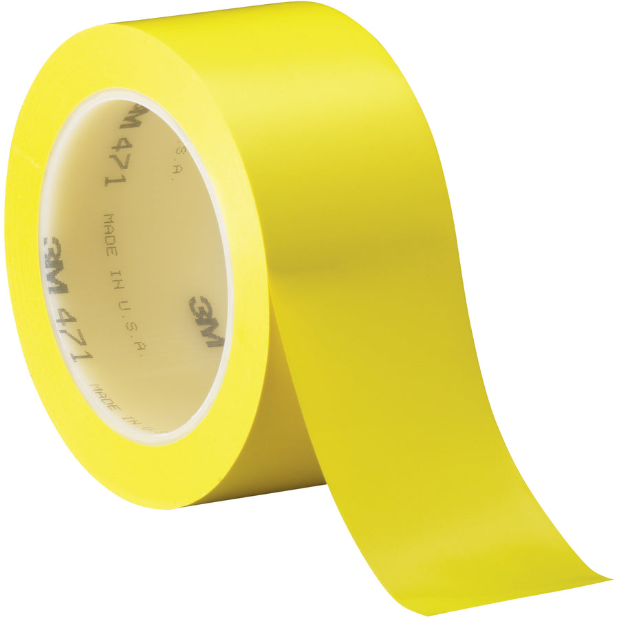 Minimize production downtime with this 2" x 36 yard yellow vinyl safety tape (3M 471) that adheres instantly to most surfaces without dripping or cleanup. Each case contains 3 rolls of 5.2 mil premium-grade tape, engineered for case sealing, color-coding, and splicing on high-speed packing lines. Rubber adhesive bonds on contact while durable vinyl backing resists moisture, chemicals, and abrasion for consistent performance.