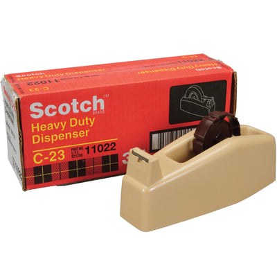 The 3M C23 3" core table top dispenser delivers one-handed tape dispensing for high-volume packing lines, keeping your team efficient and hands-free. Built with high-impact plastic construction and weighted base for stability on any work surface. Holds standard 3" core tape rolls up to 72 yards long and 3/4" wide.