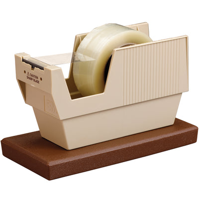The 3M P52W table top dispenser streamlines adhesive tape application for high-speed packing operations. Features weighted stability, 2" wide blade, and one-handed dispensing of standard 3" core tape rolls. Built from high-impact plastic to withstand industrial demands and large-volume case sealing.