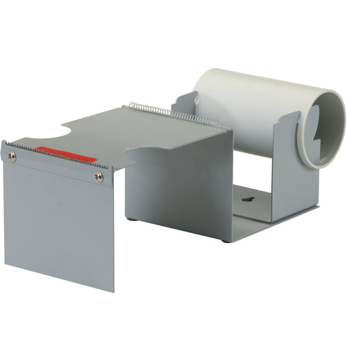 Heavy-duty metal construction dispenser designed for standard-size label protection tape and pouch tape rolls. Essential for shipping coordinators who need reliable, consistent tape application on packages destined for international or regulated transport. Ships as 1 each unit.