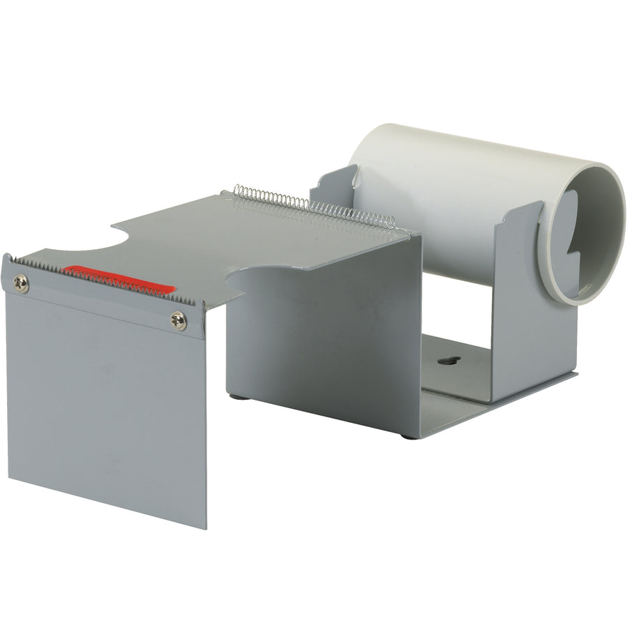 Heavy-duty metal construction dispenser designed for standard-size label protection tape and pouch tape rolls. Essential for shipping coordinators who need reliable, consistent tape application on packages destined for international or regulated transport. Ships as 1 each unit.