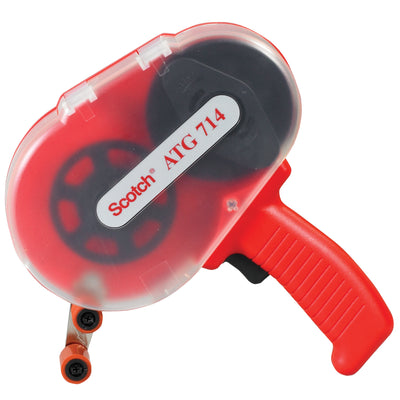 The 3M 714 adhesive transfer tape dispenser delivers precise finger-touch tape placement without rub-down waste. This red plastic ATG gun accommodates 1/4", 1/2", and 3/4" wide tape (1/4" adapter sold separately) with 60-yard capacity, eliminating knives and scissors for safer packing line operation. Trigger mechanism rewinds waste liner directly into the gun for efficient sealing.