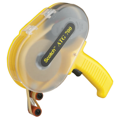 The 3M 700 adhesive transfer tape dispenser delivers one-finger precision application for fast, accurate case sealing on packing lines. This yellow plastic ATG gun handles 3/4" x 60 yd rolls and accepts 1/2" and 1/4" widths with optional adapters–no knives, scissors, or rub-down needed. Trigger-operated mechanism with automatic waste liner rewind saves time and improves worker safety.