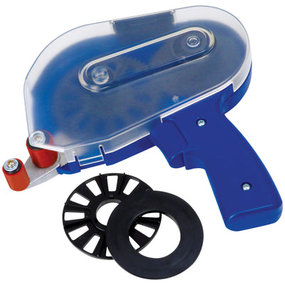 Tape Logic adhesive transfer tape dispenser engineered for 1" core compatibility and production-line accuracy. Red plastic construction with trigger-operated mechanism ensures precise tape placement without knives or scissors. Includes adaptor kit for narrow widths down to 1/4".