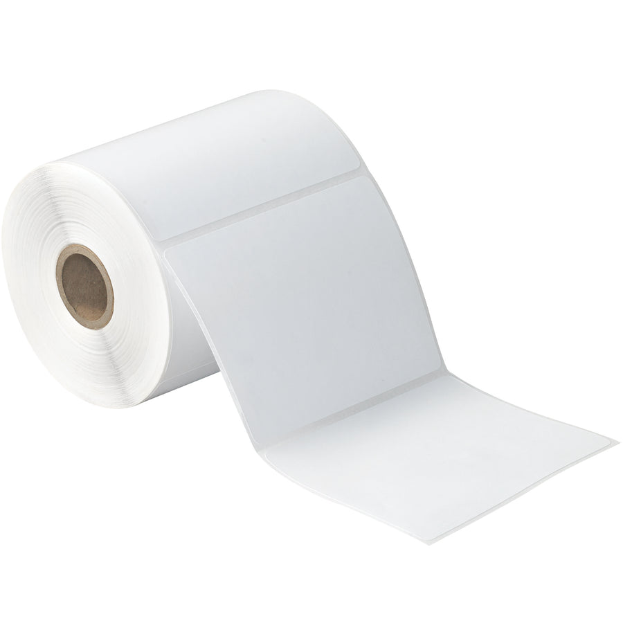 High-visibility 4x4 white thermal labels designed for desktop direct thermal printers used by shipping coordinators and logistics teams. Permanent adhesive on 52# label stock wound on 1" core ensures reliable compliance with international shipping standards. Case of 12 rolls delivers consistent label output for high-volume operations.