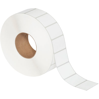 Professional-grade 2.25" x 1.5" white thermal transfer labels designed for high-volume shipping and product identification. Bright matte coated facestock with permanent pressure-sensitive adhesive grips corrugated cartons securely. Compatible with Zebra, Datamax, Sato and most thermal printers–sold as a case of 4 rolls with perforated liner spacing.