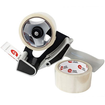 Tape Logic 2" x 55 yard clear #600 economy carton sealing tape delivers superior hot melt adhesion for high-volume case sealing operations. This 2-roll dispenser combo includes a reinforced steel-frame Top Gun dispenser with tension control for consistent application. 2.6 mil polypropylene tape handles irregular shapes and over-stuffed cartons with excellent shear strength.