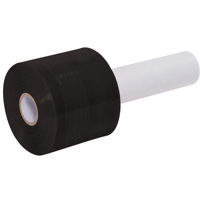 Fast, economical bundling solution for warehouse teams. 3" x 1000' rolls of 80 gauge black cast film with built-in handle for instant readiness. Each case includes 18 rolls with easy 1" diameter core. Perfect for load retention without residue–quieter and more efficient than strapping or tape.