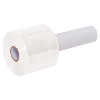 Ready-to-use white extended core bundling film with built-in 1" diameter handle for immediate application. Each case contains 18 rolls of 3" x 80 Gauge x 1000' cast film, delivering superior load retention and puncture resistance without messy residue. Faster and more economical than strapping or tape for warehouse bundling operations.