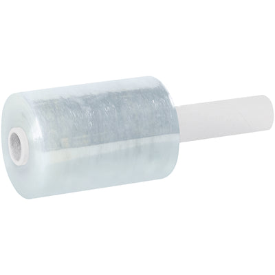 Heavy-duty 80 gauge extended core stretch wrap designed for fast, efficient bundling without a dispenser. Each 5" x 1000' roll features a built-in 1" diameter handle for ergonomic single-hand operation. Perfect for warehouses needing cost-effective pallet wrapping and freight consolidation in a case of 12 rolls.