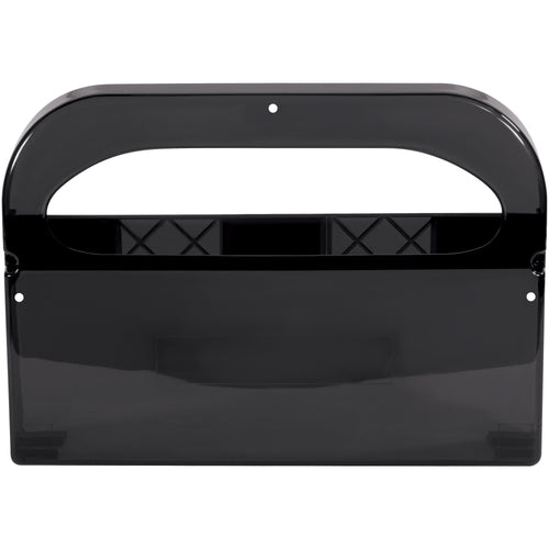 Professional-grade toilet seat cover dispenser in smoke plastic finish for high-traffic commercial bathrooms. Dispenses one cover at a time to reduce waste and maintain hygiene standards. Single-unit case delivers reliable sanitation compliance for your facility.
