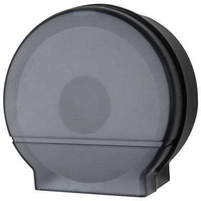 Heavy-duty single jumbo bathroom tissue dispenser designed for high-traffic commercial facilities. Features a translucent cover for easy supply monitoring and a double latch lock system to prevent theft and waste. Universal compatibility with most jumbo roll tissue brands featuring 3 3/8" cores. Compact 11" x 11.5" x 5" plastic construction ensures durability and easy installation.