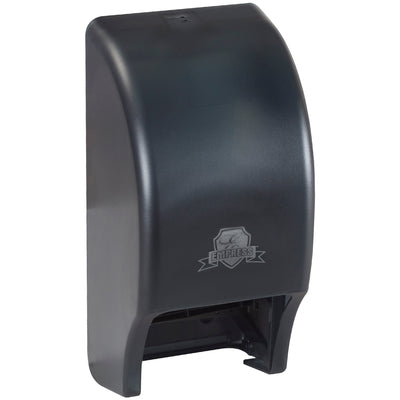 Professional-grade twin roll bathroom tissue dispenser with double-latch anti-theft lock and dark translucent window for supply visibility. Compact 13"x6"x5¾" plastic design maximizes space while maintaining full roll capacity. Built for high-traffic commercial and industrial facilities.
