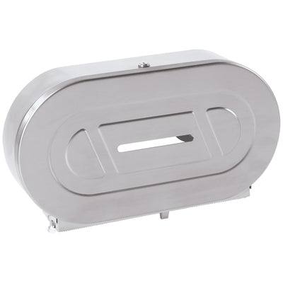 Industrial-strength twin jumbo bathroom tissue dispenser engineered to reduce waste and prevent theft in high-traffic facilities. Features satin-finish stainless steel construction, tumbler lock security, and sliding access panel for easy maintenance. Dimensions: 11 3/8" x 20 13/16" x 5 5/16". Sold as case of 1.