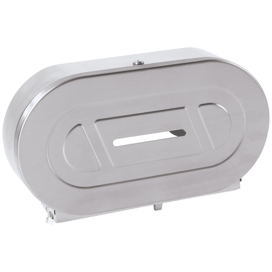 Industrial-strength twin jumbo bathroom tissue dispenser engineered to reduce waste and prevent theft in high-traffic facilities. Features satin-finish stainless steel construction, tumbler lock security, and sliding access panel for easy maintenance. Dimensions: 11 3/8" x 20 13/16" x 5 5/16". Sold as case of 1.