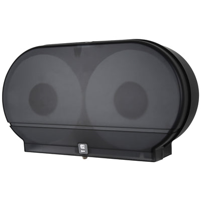 Heavy-duty twin jumbo bathroom tissue dispenser designed for high-traffic facilities requiring reliable, cost-effective paper management. Features translucent cover for quick supply monitoring and double latch lock to prevent theft and waste. Measures 11 3/4" x 20 1/4" x 5 1/2" and fits all standard jumbo rolls with 3 3/8" cores–sold as a single case unit.