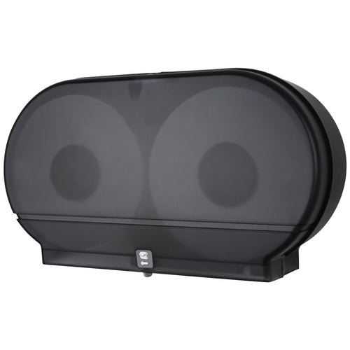 Heavy-duty twin jumbo bathroom tissue dispenser designed for high-traffic facilities requiring reliable, cost-effective paper management. Features translucent cover for quick supply monitoring and double latch lock to prevent theft and waste. Measures 11 3/4