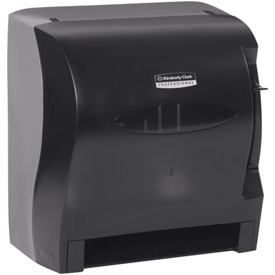 Heavy-duty black plastic lever towel dispenser designed for high-traffic bathrooms and facilities. Handles hard wound roll towels without jamming, features automatic sheet feed, and includes a translucent refill window. Compact 13"x14"x10" footprint fits most mounting spaces.