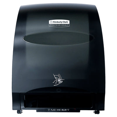Hands-free automatic paper towel dispenser delivers superior hygiene and reduced paper waste for busy commercial restrooms. Smoke-colored plastic construction measures 16"x13"x10" and operates on 4 included D batteries. Adjustable delay time and sheet length controls put dispensing efficiency in your hands–or rather, out of them.