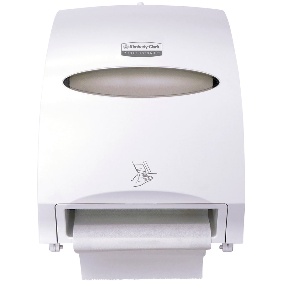 Upgrade workplace hygiene with this hands-free automatic paper towel dispenser. The 16" white plastic unit features battery-operated convenience with adjustable delay time and sheet length controls. Ideal for high-traffic bathrooms and facilities requiring sanitary, touch-free dispensing.