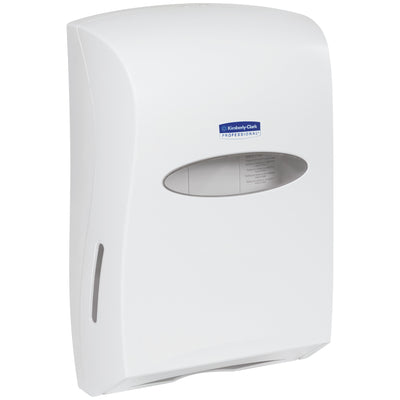 Versatile wall-mounted dispenser handles both C-Fold and Multi-Fold towels, holding up to 625 towels per load to minimize refill labor. Compact 18.85" x 13.31" x 5.85" white plastic construction fits standard bathroom spaces. Single-case unit ready for immediate deployment across your facility.