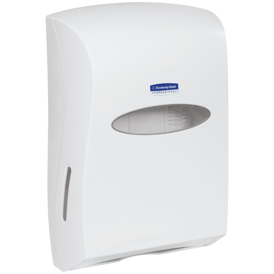 Versatile wall-mounted dispenser handles both C-Fold and Multi-Fold towels, holding up to 625 towels per load to minimize refill labor. Compact 18.85" x 13.31" x 5.85" white plastic construction fits standard bathroom spaces. Single-case unit ready for immediate deployment across your facility.