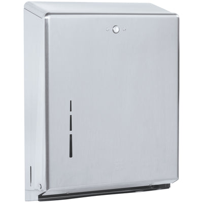 This brushed steel hand towel dispenser handles both C-Fold and Multi-Fold formats, eliminating the need for multiple units on your restroom walls. With a 14.75" x 11.38" x 4" footprint and capacity for up to 500 Multi-Fold or 300 C-Fold towels, it reduces refill frequency and labor costs. Premium steel construction delivers durability and an upscale appearance that enhances facility aesthetics.