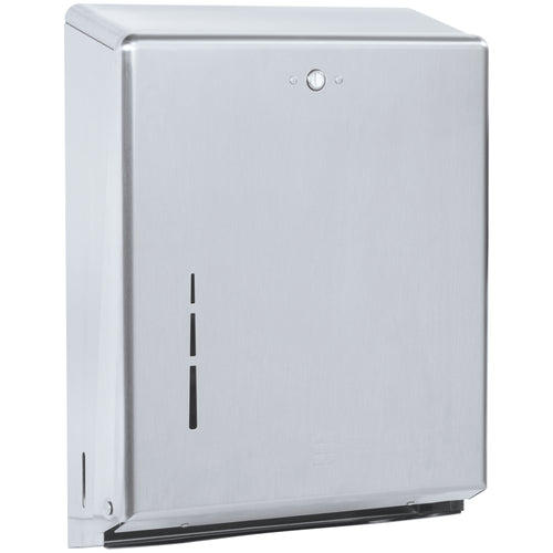 This brushed steel hand towel dispenser handles both C-Fold and Multi-Fold formats, eliminating the need for multiple units on your restroom walls. With a 14.75