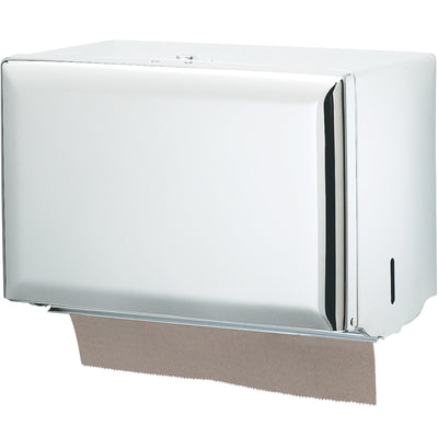 Heavy-duty 20 gauge steel single fold hand towel dispenser built for high-traffic commercial facilities. Holds up to 500 single fold towels (10.25" x 3.75" max size) with secure key lock mechanism. Compact 7.5" x 10.5" x 6" footprint fits any bathroom layout while maintaining professional appearance and reducing waste.