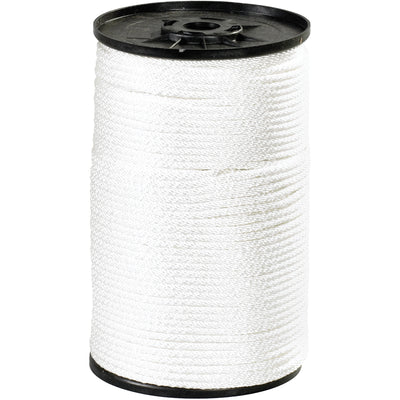 Professional-grade 1/8" white braided nylon rope rated for 320 lb tensile strength, delivered as one 500-foot case. Smooth, firm braid maintains shape under heavy load and resists abrasion, chemicals, and marine organisms–ideal for pulleys, blocks, rigging, and industrial fastening applications where durability meets cost-efficiency.