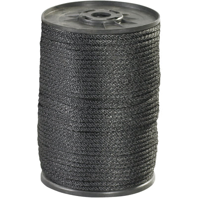 Heavy-duty 1/8" black braided nylon rope rated for 320 lb tensile strength in a convenient 500-foot spool. The smooth, round, firm braid maintains shape under load and resists abrasion, chemicals, and marine organisms. Ideal for pulleys, blocks, rigging, and secure fastening applications.