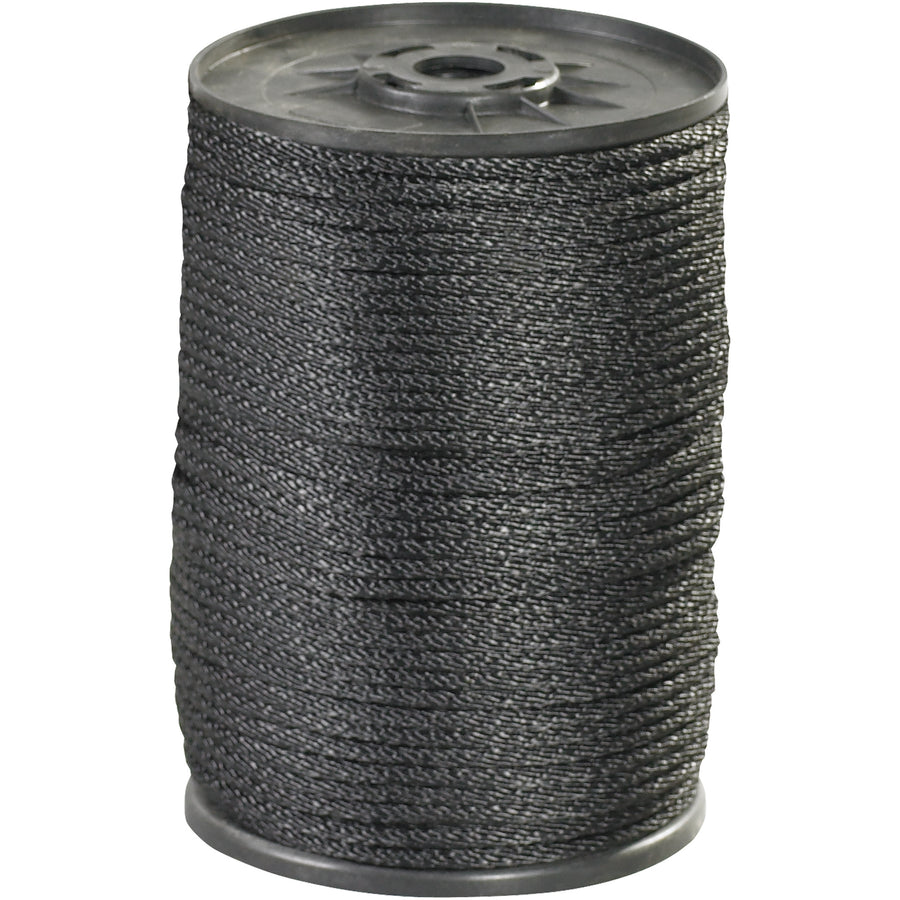 Heavy-duty 1/8" black braided nylon rope rated for 320 lb tensile strength in a convenient 500-foot spool. The smooth, round, firm braid maintains shape under load and resists abrasion, chemicals, and marine organisms. Ideal for pulleys, blocks, rigging, and secure fastening applications.