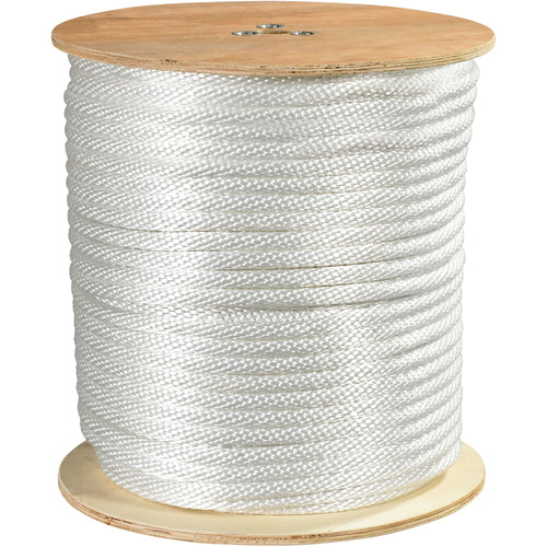 Professional-grade white braided nylon rope with 3,900 lb tensile strength delivers reliable holding power for industrial rigging, securing cargo, and pulley applications. This 500-foot coil features a smooth, firm braid that maintains shape under heavy loads while resisting abrasion, chemicals, and environmental degradation. Purchase by the case for cost-effective inventory management.
