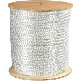 Heavy-duty 5/8" white solid braided nylon rope delivers 6000 lb tensile strength in a smooth, firm braid that holds shape under load. Resistant to abrasion, chemicals, and marine environments. Ideal for pulleys, blocks, rigging, and secure tying applications‚sold as one 500' case.