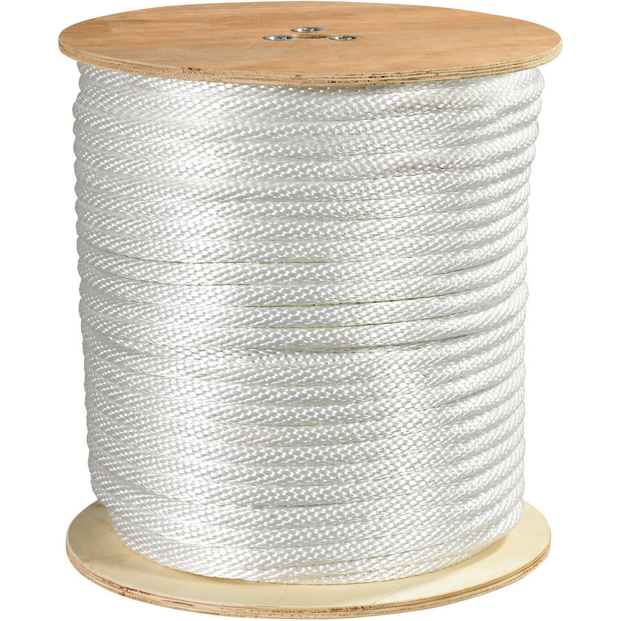 Heavy-duty 5/8" white solid braided nylon rope delivers 6000 lb tensile strength in a smooth, firm braid that holds shape under load. Resistant to abrasion, chemicals, and marine environments. Ideal for pulleys, blocks, rigging, and secure tying applications‚sold as one 500' case.