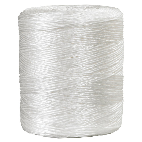 Heavy-duty 210 lb tensile strength polypropylene tying twine designed for secure, reliable fastening in industrial applications. This 5500' case of white twine features minimal stretch, exceptional uniformity, and rot/mildew resistance for shipping compliance and long-term storage. Smooth surface protects hands while delivering firm, flexible performance for easy knotting and handling.