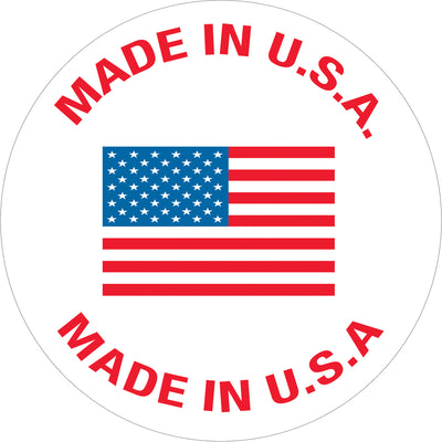 Identify your U.S.-manufactured products with professional 1" diameter Made in USA labels. Printed on durable semi-gloss coated paper in bold red, white, and blue. Each roll contains 500 labels–perfect for shipping coordinators and logistics teams managing domestic product compliance and brand recognition.