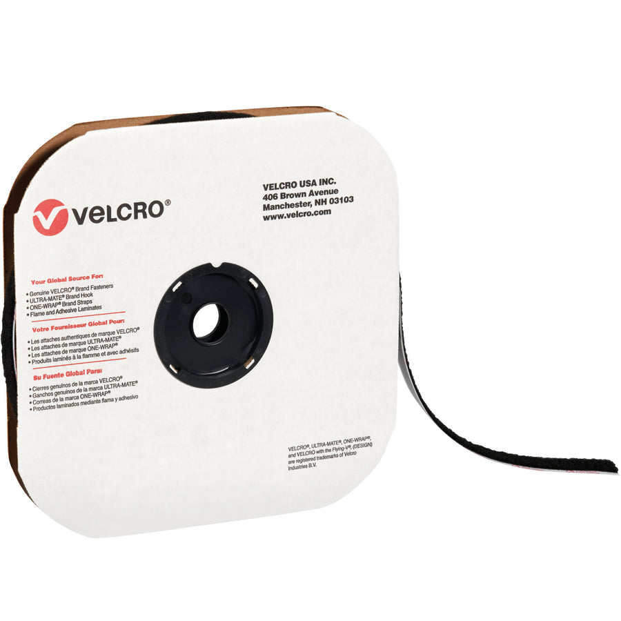 Speed up case sealing and product attachment with this self-adhesive black hook tape from VELCRO Brand. Durable nylon construction measures 5/8" x 75' per strip and pairs seamlessly with compatible loop strips. Designed for high-volume packing line operations where fast, reliable fastening saves time and labor costs.