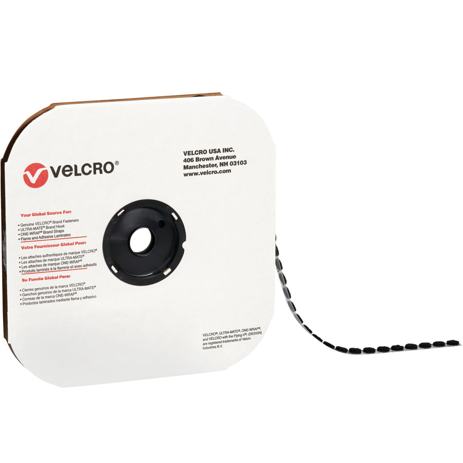 Speed up your packing line with 1 3/8" black hook VELCRO Brand dots featuring strong nylon adhesive for reliable reattachment. Case of 600 individual dots delivers consistent performance across multiple dispenser types and core compatibility. Designed for high-volume case sealing and product attachment without residue.