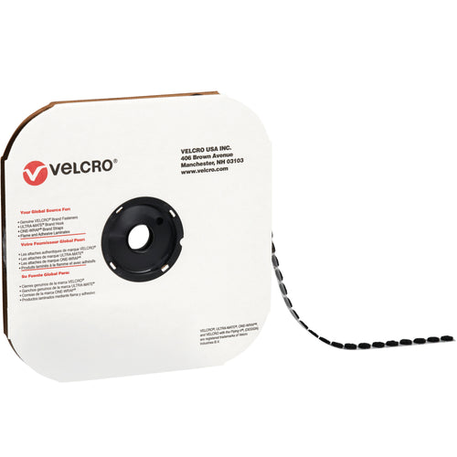 Self-adhesive black loop dots from VELCRO Brand designed for high-speed packing lines and case sealing operations. 1 3/8