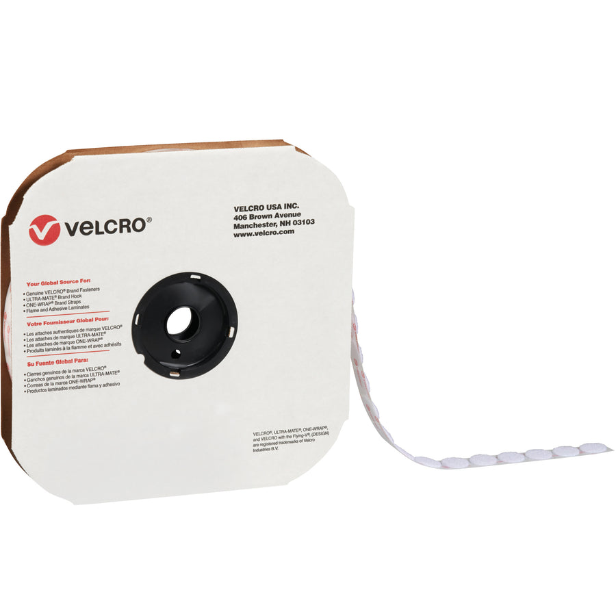 Speed up your packing line with 1 7/8" white VELCRO Brand hook dots featuring reliable nylon construction and pre-applied adhesive. This case of 450 individual hook and loop dots delivers consistent reattachment cycles without adhesive degradation. Perfect for sealing cartons and securing products that require frequent opening and closing.