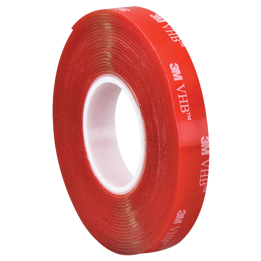 3M 4910 VHB double-coated tape delivers permanent, high-strength bonding for glass, acrylics, and transparent applications on your packing line. 1" width × 5 yards, 40 mil clear acrylic adhesive engineered for edge-bonding, skylight sealing, and translucent sign mounting. Temperature and moisture resistant (-40°F to 200°F) for reliable case sealing without fasteners.
