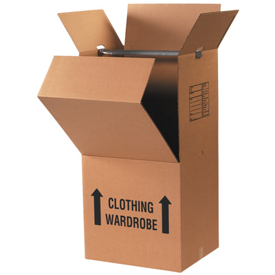 Ship or store clothing on hangers without removal–Packrift's wardrobe packing boxes eliminate folding, wrinkles, and damage. Each case of 3 includes 20x20x45" corrugated shipping cartons plus hanger bars. ECT-48 double wall construction handles repeated use and rough handling.