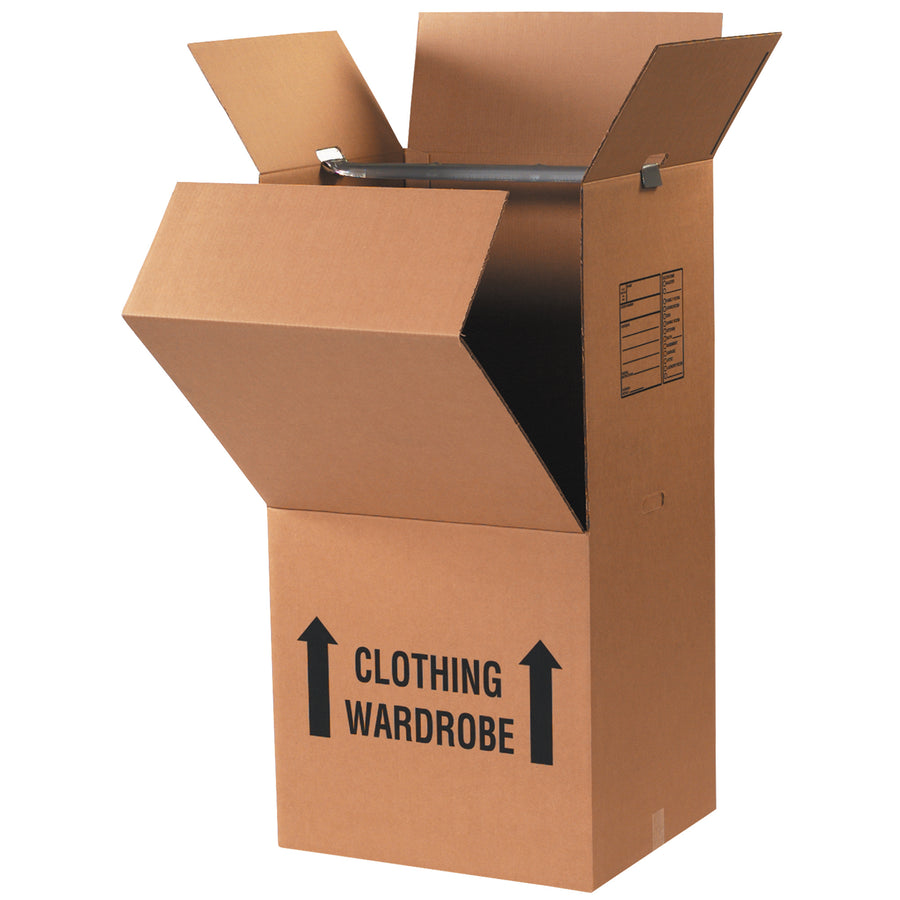 Ship or store clothing on hangers without removal–Packrift's wardrobe packing boxes eliminate folding, wrinkles, and damage. Each case of 3 includes 20x20x45" corrugated shipping cartons plus hanger bars. ECT-48 double wall construction handles repeated use and rough handling.