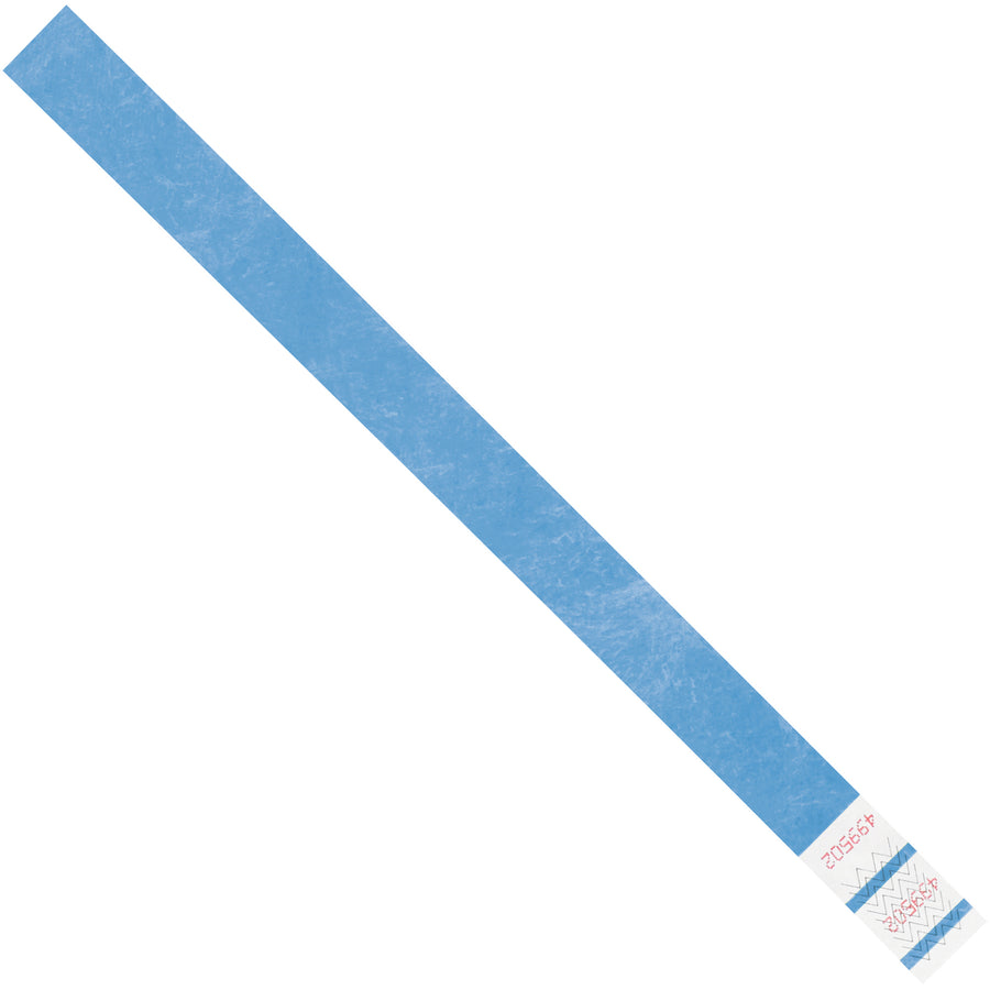 Waterproof and tear-resistant blue Tyvek wristbands sized 3/4" x 10" for reliable event identification and crowd control. Sequentially numbered for easy tracking, breathable design fits most wrist sizes, and sold by the case of 500 units for cost-effective bulk purchasing.
