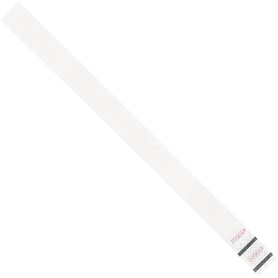 Durable 3/4" x 10" white Tyvek wristbands designed for event identification, access control, and crowd management. Each case contains 500 sequentially numbered bands made from waterproof, tear-resistant spunbonded olefin that won't break down when wet. Lightweight, breathable, and fits most wrist sizes–the cost-effective solution for temporary ID tagging.