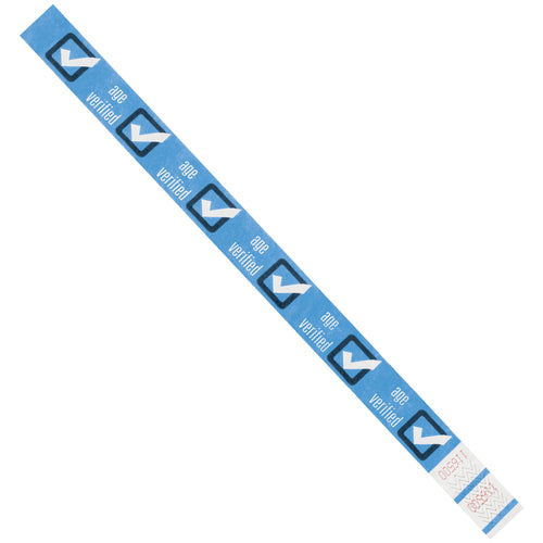 Sequentially numbered blue Tyvek wristbands designed for age verification and event ID management. Each 3/4