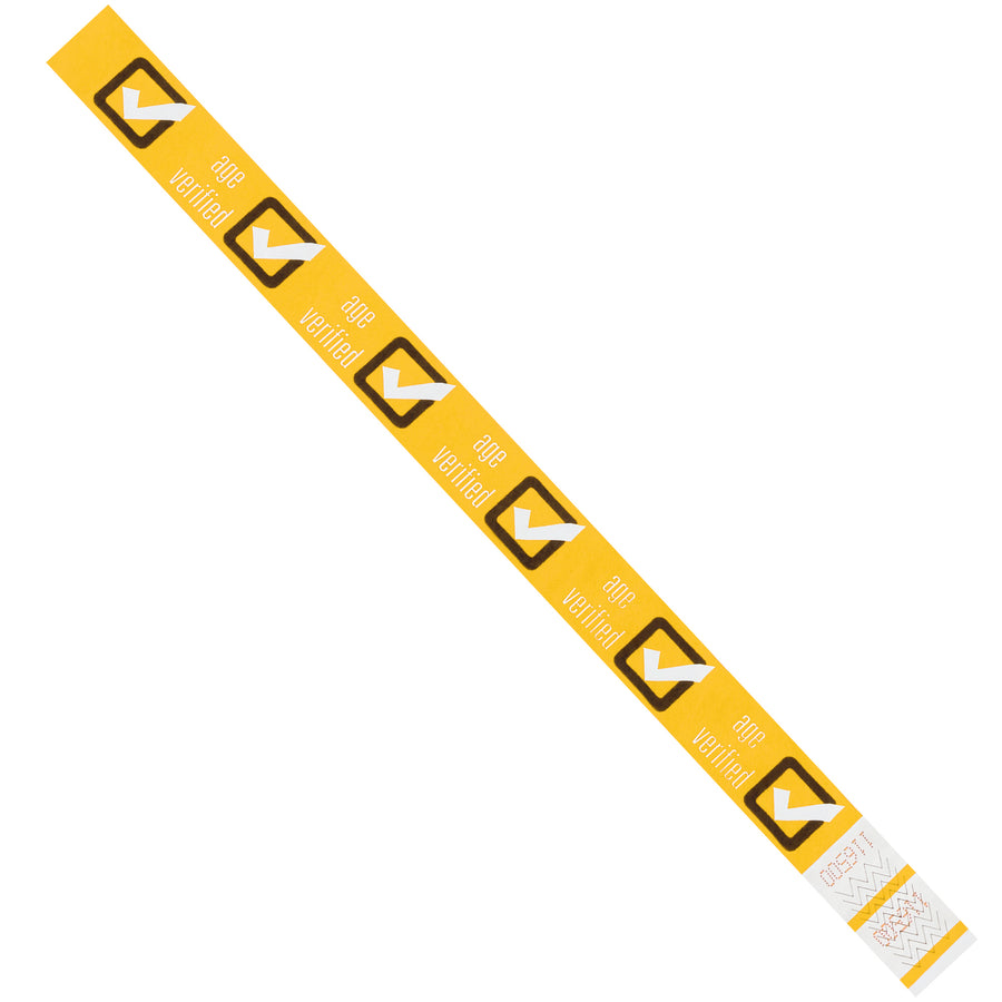 Professional-grade yellow Tyvek wristbands designed for event identification, crowd control, and age verification. Each 3/4"  10" band is waterproof, tear-resistant, and sequentially numbered for inventory tracking. Sold by the case (500 units).