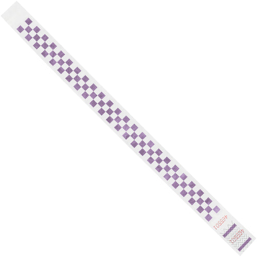 Durable purple Tyvek wristbands designed for event identification and crowd control. Each case contains 500 sequentially numbered 3/4