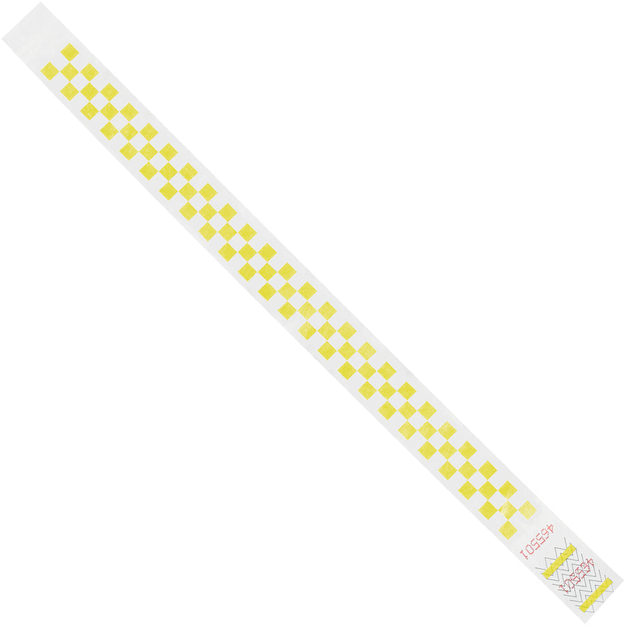 Durable yellow Tyvek wristbands measure 3/4" x 10" and come sequentially numbered in cases of 500–ideal for events, venue access control, and attendee identification. Waterproof, tear-resistant material with breathable comfort fits most wrist sizes. Cost-effective compliance solution that withstands moisture and frequent handling.